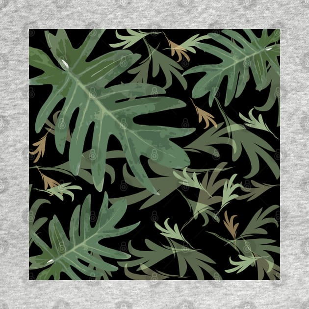 Autumn fall green greenvibes on black tropical palm leaves by PrintedDreams